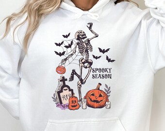 Halloween Pumpkin Skeleton Hoodie, Spooky Season Hoodie, Dancing Skeleton Hoodie, Skeleton Fall Hoodie, Halloween Party Hoodie