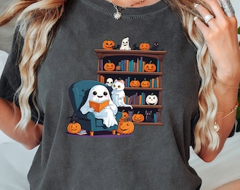 Comfort Colors Ghost Reading Books Shirt, Bookish Halloween Shirt, Halloween Book Lover Shirt, Cute Ghost Shirt, Teacher Halloween Gift