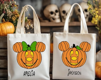 Personalized Halloween Tote Bag, Custom Name Halloween Tote Bag, Trick Or Treat Tote Bag, Mickey and Minnie Tote Bag, Kids Tote Bag