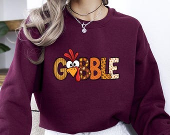 Thanksgiving Gobble Turkey Sweatshirt, Fall Patterned Letters Sweatshirt, Leopard Turkey Face Pullover, Festive Thanksgiving Top