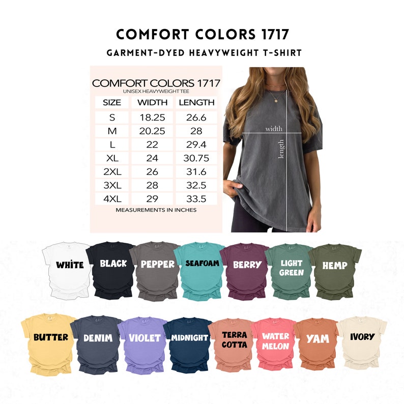 Op de afbeelding: Een Comfort Colors 1717 garment-dyed heavyweight t-shirt in diverse kleuren, waaronder wit, zwart en zeegroen. De afbeelding bevat een maattabel met afmetingen in inches. Het model draagt een grijs t-shirt.