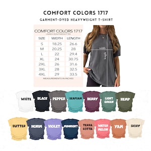 K&ouml;nnte beinhalten: Ein Diagramm, das die Gr&ouml;&szlig;e und die Ma&szlig;e in Zoll f&uuml;r ein Unisex-Heavyweight-T-Shirt zeigt. Das Diagramm ist mit "Comfort Colors 1717" beschriftet. Unter dem Diagramm befinden sich 12 verschiedene farbige T-Shirts, jedes mit einem anderen Farbnamen bedruckt.
