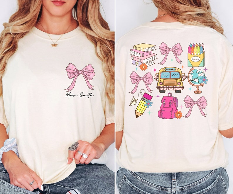 Comfort Colors Custom Teacher Shirt, Coquette School Shirt, Back To School Tees, Teacher Appreciation Gift, Teacher Coquette Pink Bow Shirt afbeelding 2