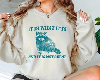 May include: A cream-colored sweatshirt with a teal raccoon graphic and the text "It is what it is and it is not great."