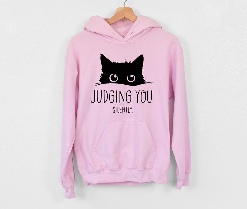 May include: A pink hoodie with a black cat peeking out from the top and the text "Judging You Silently" printed below.
