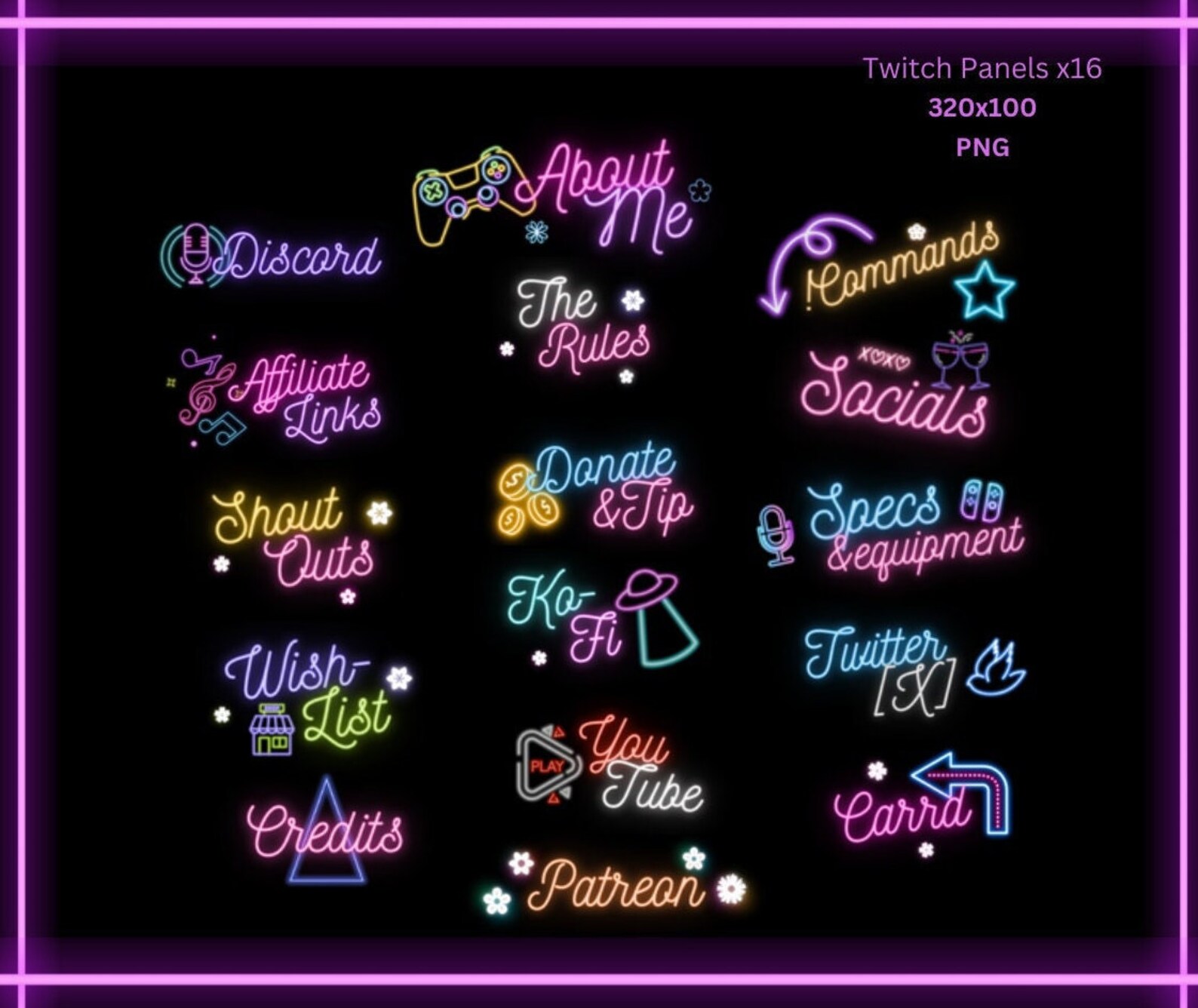 Neon Aesthetic Twitch Panels streamer Assets, Vtuber, Youtube, Kick ...