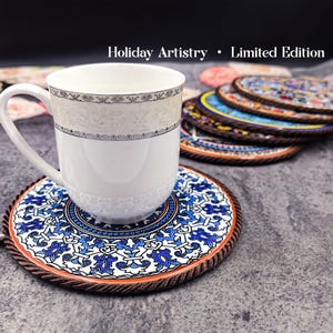 Coaster Set, Bohemian 17cm Enamel Ceramic Trivet, Handcrafted with Overglaze Painting, for Coffee & Teapots - Housewarming, Mothers Day Gift
