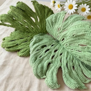 May include: Two crocheted Monstera leaves in shades of green, with detailed patterns that mimic the plant's natural form. The leaves have characteristic holes and textured veins, creating a realistic appearance. Daisies are in the background.