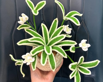 May include: A crocheted plant with white flowers and green leaves in a crocheted pot. The plant is a realistic representation of a spider plant.