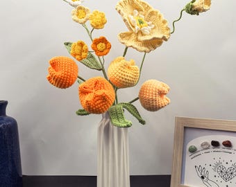 Crochet Flower Bouquet with Vase,  Crochet Sunflower, Rose, Lily, Crochet Tulips in Vase, Handmade Gift for Birthday, Mom, Girlfriend, Wife