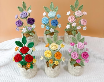 Crochet Rose, Crochet Flowers in Pot, Handmade Crochet Flower Bouquet for Boho Room Decor, Crochet Plants, Gifts for Friends, Mom, Wife