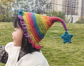 Crochet Hat, Children's Rainbow Hat With Ruffled Straps, Witch Crochet Magic Hat, Gifts For Children Aged 3 To 8, Daughter Gifts