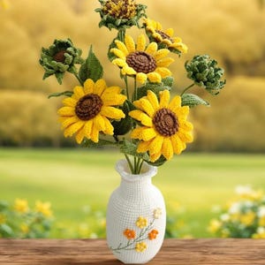 Gehaakte zonnebloemen boeket in vaas, gehaakte plant, 18&quot; zonnebloem voor boho decor, housewarmingcadeau, 1e verjaardagscadeau, woondecoratie