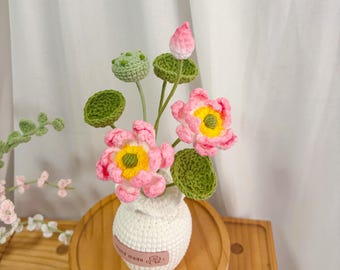 Crochet Flowers in Pot, Crochet Pink Lotus Bouquet, Unique Gift for Birthdays, Mom, Sister, Dad, Friends, Perfect Minimalist Home Decor