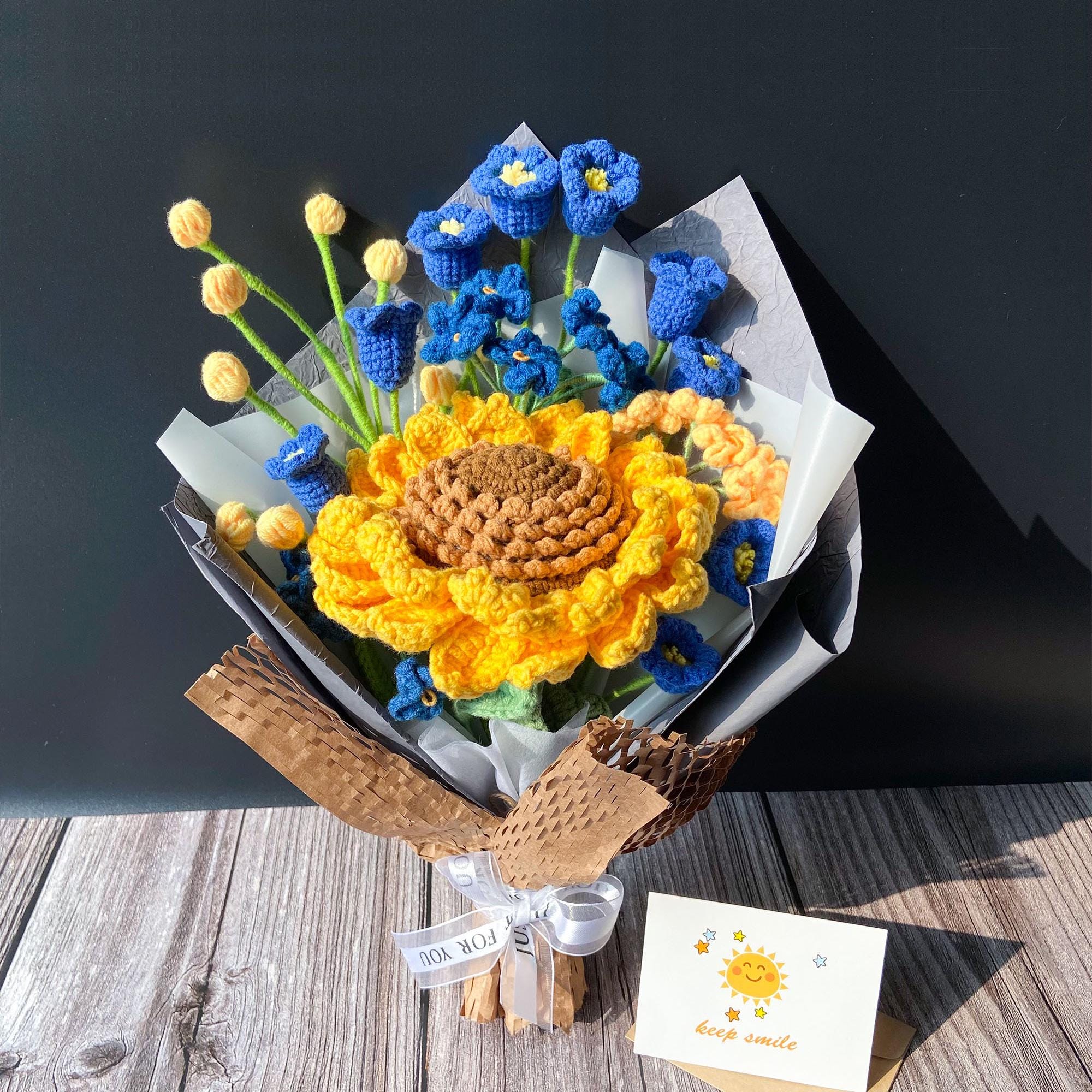 Crochet Flowers, Crochet Sunflower Bouquet/ Pot, Birthday and Mother's Day Gifts.  Buy one Sunflower Bouquet Get a Red Rose for Free