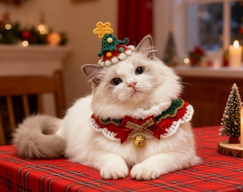 Crochet Pet Christmas Hat and Scarf, Crochet Christmas Set, Cute Christmas Photo Prop Gift for Pet, Holiday Cats and Dog outfit