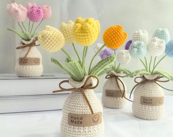 Crochet Flowers in Pot, Crochet Plants Tulip, Cute Handmade Gift for Wife, Mom, Husband, Birthday, Friendship, Graduation Gift, Table Decor