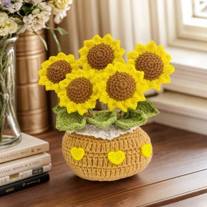 Flores de crochê com cartão-presente, girassóis de crochê feitos à mão em vaso, buquê de flores de presentes de crochê, presentes para a mãe, decoração de mesa, presente feito à mão