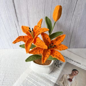 以下が含まれることがあります： 白い鉢に入った手作りのかぎ針編みのオニユリのアレンジメント。オレンジ色の花には黒い斑点と緑の葉があります。鉢は新聞の上に置かれています。