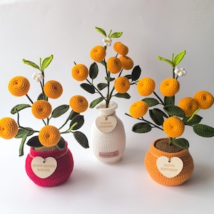 May include: Three crocheted orange trees in decorative pots. The trees have bright orange fruit, green leaves, and white flowers. One is in a red pot with "Warm Woven Wishes" on a wooden heart. Another is in a white vase with "Spread Sunshine". The third is in an orange pot with "Happy Birthday".