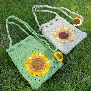 Sac bandoulière au crochet, sac à main tournesol, sac carré grand-mère, porte-monnaie tournesol fait main, cadeau d'anniversaire pour maman, soeur, grand-mère, femme