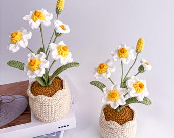Häkeln Sie Blumen im Topf, Häkelnarzissentopf, weiße Blumenstrauß für Schreibtischdekor, Geburtstagsgeschenke für Freunde, Mutter, Lehrer, Freundin