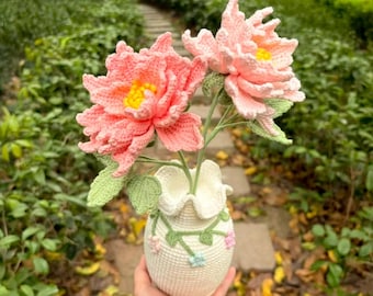 Gehäkelte Pfingstrose Geschenk für Schulanfang Geschenk, handgemachte gehäkelte Blumen Pfingstrose in weißer Vase, Home Decor, Muttertagsgeschenk, Dekoration