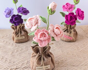 Handmade Crochet Flowers, Crochet Potted Roses in 6 Colors, Everlasting Floral Decor for Desk Decor, Birthday, Graduation, Anniversary