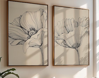 Minimalist Botanical Set of 2 Line Art Neutral Flower Digital Wall Art Prints