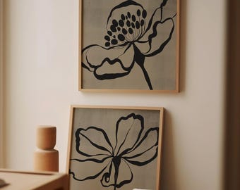 Botanical Line Art Prints Set of 2 | Minimalist Floral Wall Decor