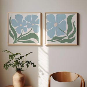 Floral Print Set, Danish Pastel Muted Blue Prints, Wall Art Set of 2, Digital Prints, Flower Printable Set, Boho Botanical Set