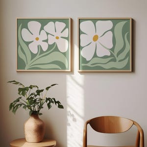 Floral Print Set, Danish Pastel Sage Green Prints, Wall Art Set of 2, Digital Prints, Flower Printable Set, Boho Botanical Set