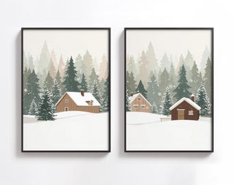 May include: Two framed wall art prints featuring winter landscapes with snow-covered ground, wooden cabins, and a dense forest of evergreen trees in shades of green and beige. The scenes depict a quiet, snowy environment with soft white flakes.