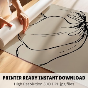 May include: A beige print with a black line drawing of a botanical design is unrolled on a wooden surface. The text "PRINTER READY INSTANT DOWNLOAD" and "High Resolution 300 DPI .jpg files" is at the bottom.