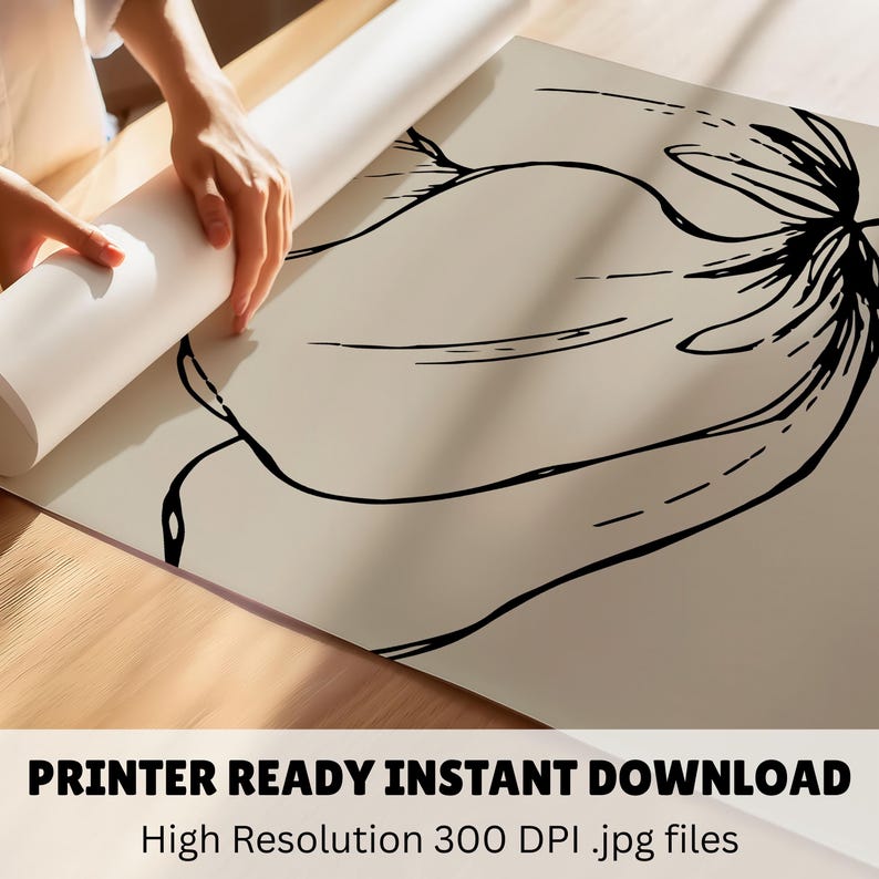 May include: A beige print with a black line drawing of a botanical design is unrolled on a wooden surface. The text "PRINTER READY INSTANT DOWNLOAD" and "High Resolution 300 DPI .jpg files" is at the bottom.