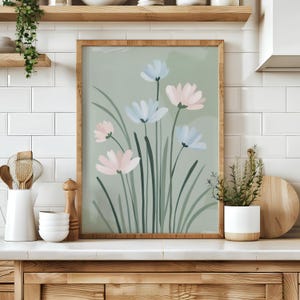 Modern Southern Floral Wall Art, Pink and Blue Flower Printable with Sage Green Background, Minimalist Botanical Digital Download