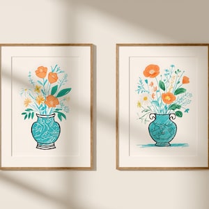 Chinoiserie Vase Wall Art | Digital Floral Print Set | Boho Botanical Art | Orange and Teal Flowers | Minimalist Decor | Instant Download