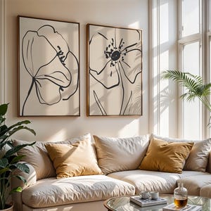 Set di 2 stampe di fiori da parete minimalisti e moderni, con linee decise