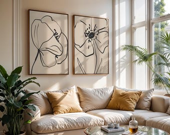 Modern Minimalist Floral Wall Art Printable Set of 2 Bold Line Art Flowers