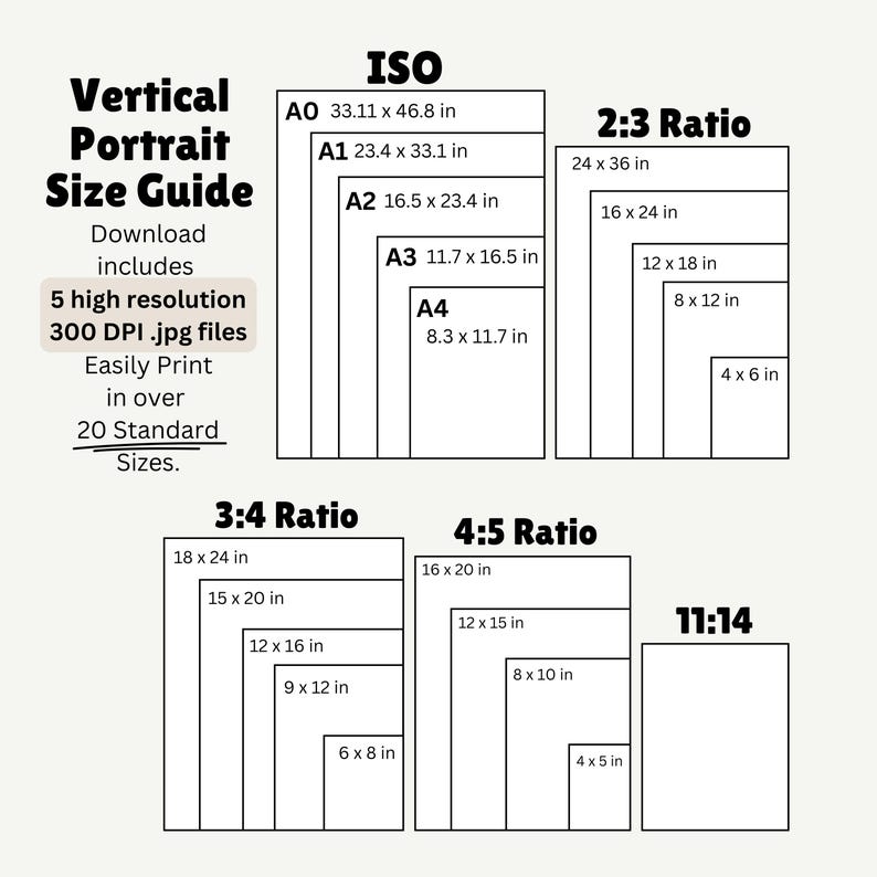 May include: A vertical portrait size guide with various aspect ratios and sizes, including ISO, 2:3, 3:4, 4:5, and 11:14. The guide includes sizes like A0 (33.11 x 46.8 inches) and A4 (8.3 x 11.7 inches), and other standard sizes.