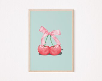 Cherry Bow Print, Coquette Poster, Trendy Wall Art, Preppy Girl Aesthetic, Printable Apartment Decor, Cute Kitchen Art, College Dorm Prints