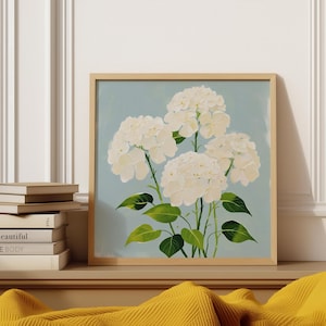Modern Southern Floral Wall Art, White Hydrangea Flower Printable with Light Blue Background, Minimalist Botanical Digital Download