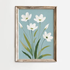 Modern Southern Floral Wall Art – White Wildflowers Printable | Grandmillennial Botanical Print | Soft Blue Digital Download