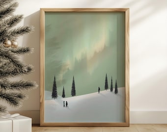 Puede incluir: Una impresión artística enmarcada representa un paisaje invernal con una colina nevada, árboles de hoja perenne silueteados y figuras. El cielo presenta un efecto de aurora boreal verde y amarillo. El marco es de madera clara.