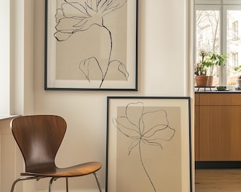 Neutral Botanical Wall Art Set of 2 Minimalist Line Art Prints Modern Digital Download