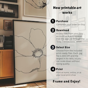 May include: A framed black and white floral print leans against a wall, with a large flower illustration. Text on the right explains how printable art works: Purchase, Download, Select Size, and Print. The text ends with "Frame and Enjoy!"