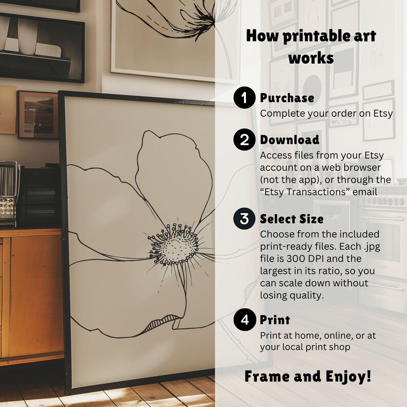 May include: A framed black and white floral print leans against a wall, with a large flower illustration. Text on the right explains how printable art works: Purchase, Download, Select Size, and Print. The text ends with "Frame and Enjoy!"