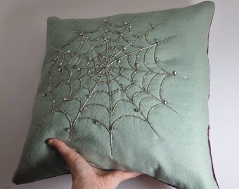 The Spider's Web Silver & Teal Beaded Embroidered Cushion