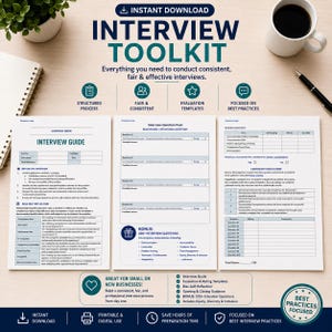May include: An interview toolkit digital download featuring an interview guide, question pool, and evaluation templates. The documents include sections for structured processes, bias self-reflection, and candidate assessment forms with blue text.