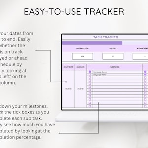 May include: A laptop screen displays a task tracker template with a purple header and columns for completion, days left, and action tasks. The text "EASY-TO-USE TRACKER" is at the top. The tracker includes sections for start and end dates, milestones, and an action plan.